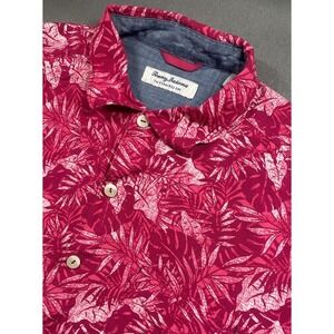 Tommy Bahama Men L Pink Viscose The Veracruz Cay Hawaiian Palm Trees Shirt EUC